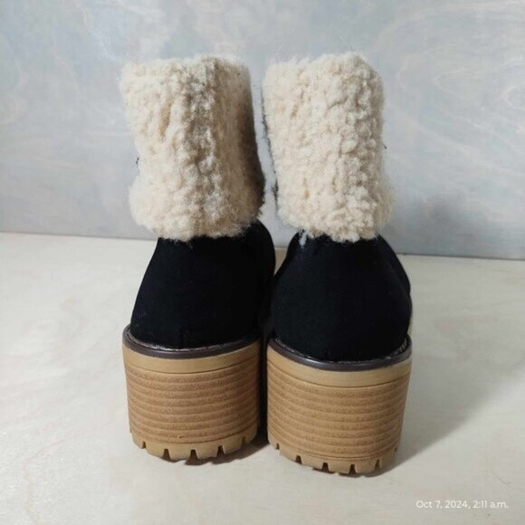Super Chunky heel black and sherpa bootie comfortable suede 40 - Picture 2 of 12